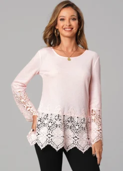 Lace Stitching Round Neck Long Sleeve Valentines T Shirt