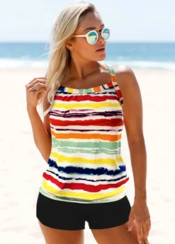 Rainbow Color Criss Cross Back Wide Strap Tankini Set