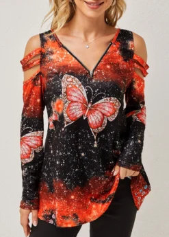 Quarter Zip Cold Shoulder Butterfly Print T Shirt -LICA Clothing Shop 282442 P 16310153196960