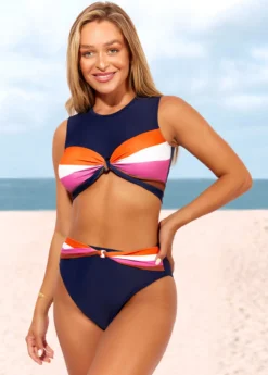 Twist High Waisted Navy Blue Contrast Bikini Set -LICA Clothing Shop 286961 P 16409407477412