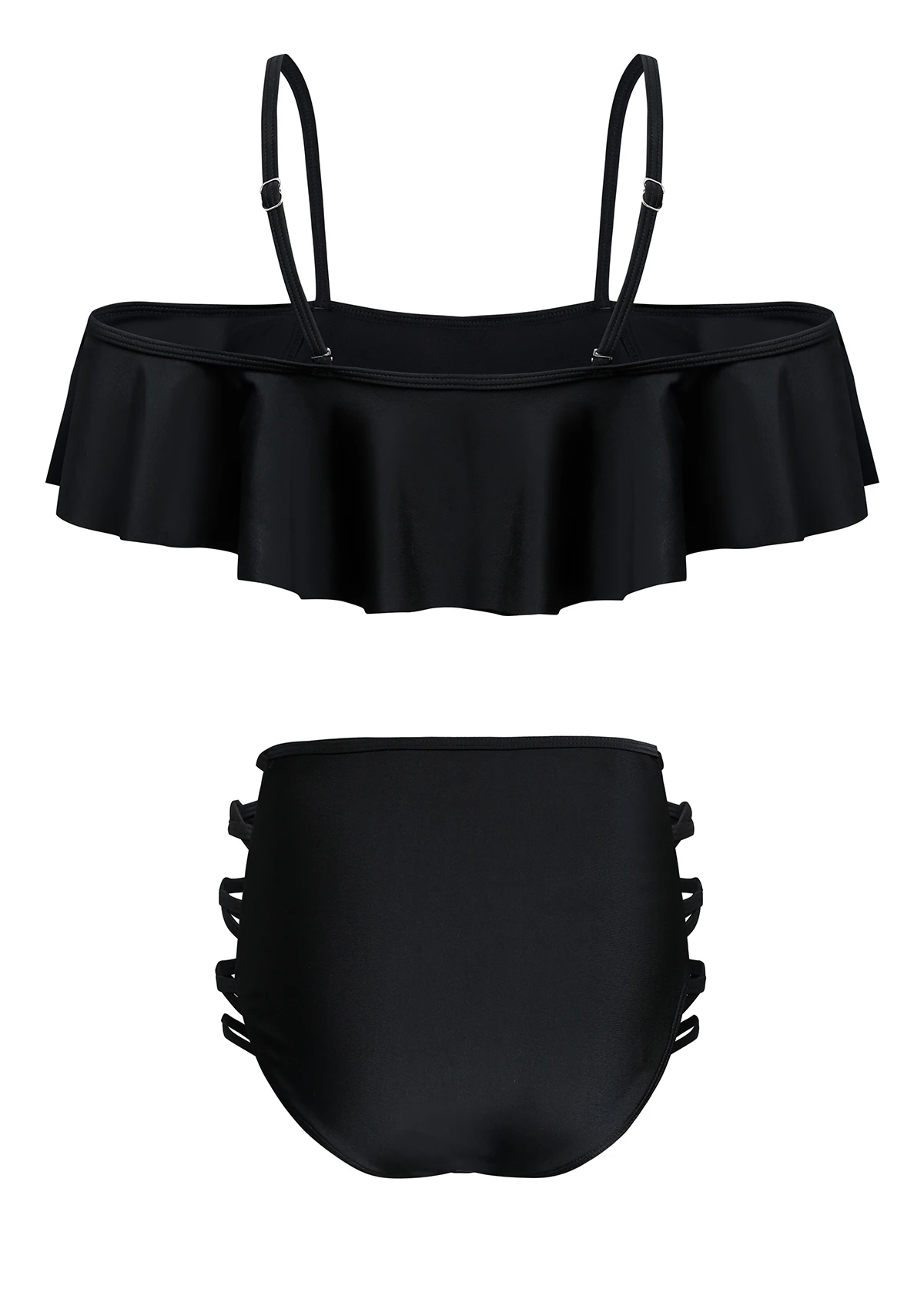 Mid Waist Black Flounce Lace Up Bikini Set 2 Mid Waist Black Flounce Lace Up Bikini Set - Image 2