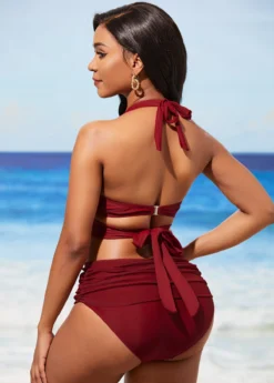 Wine Red Halter Mid Waist Bikini Set -LICA Clothing Shop 288759 P 16381853223811