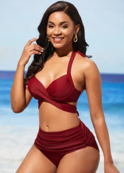 Wine Red Halter Mid Waist Bikini Set -LICA Clothing Shop 288759 P 16381853229532