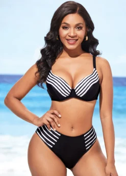 Striped Mid Waist Spaghetti Strap Bikini Set