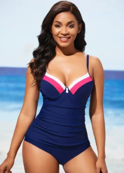 Navy Blue Decorative Button Contrast Stitch Tankini Set