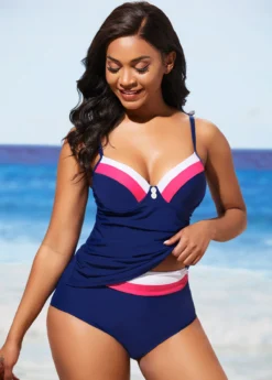 Navy Blue Decorative Button Contrast Stitch Tankini Set -LICA Clothing Shop 288876 P 16381853223153