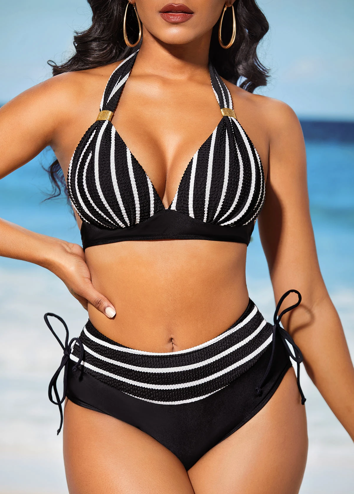 Stripe Print Black Tie Back Bikini Set 1 Stripe Print Black Tie Back Bikini Set