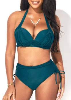 Halter Mid Waist Peacock Blue Bikini Set