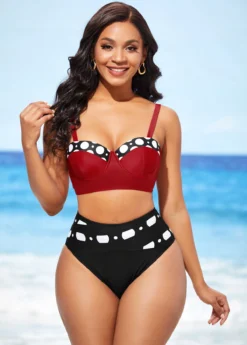 High Waisted Color Block Polka Dot Bikini Set