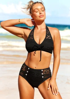 Black Lace Patchwork Decorative Button Bikini Set