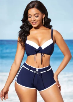 Navy Blue Mid Waist Drawstring Front Bikini Set -LICA Clothing Shop 289087 P 16376437151183