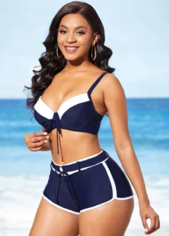 Navy Blue Mid Waist Drawstring Front Bikini Set -LICA Clothing Shop 289087 P 16376437155042