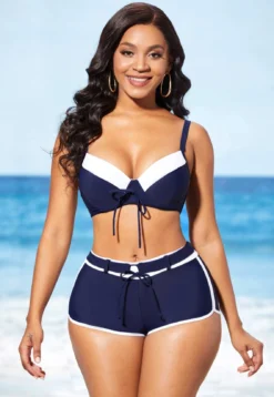 Navy Blue Mid Waist Drawstring Front Bikini Set