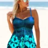 Floral Print Wide Strap Cyan Swimdress And Panty