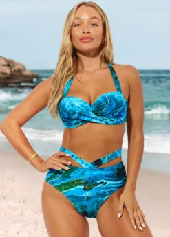 Marble Print Cyan High Waist Halter Bikini Set