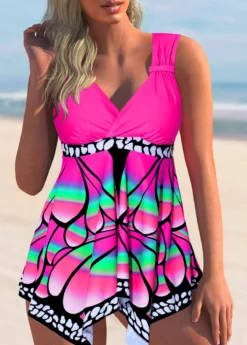 Asymmetric Hem Hot Pink Butterfly Print Swimdress And Shorts 7 Asymmetric Hem Hot Pink Butterfly Print Swimdress And Shorts -LICA Clothing Shop 289992 P 16409271912323