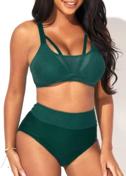 High Waist Dark Green Mesh Stitching Bikini Set -LICA Clothing Shop 290238 P 16418056594192
