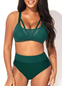 High Waist Dark Green Mesh Stitching Bikini Set