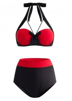 Bowknot High Waisted Color Block Bikini Set