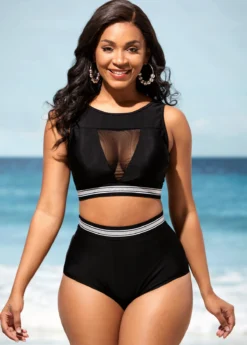 High Waisted Black Mesh Stitching Bikini Set