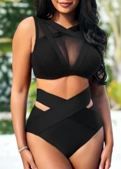 Mesh Stitching High Waisted Black Bikini Set -LICA Clothing Shop 290249 P 16473372049093