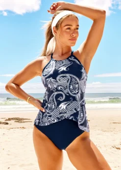Cross Strap Navy Blue Paisley Print Tankini Set