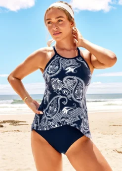 Cross Strap Navy Blue Paisley Print Tankini Set 9 Cross Strap Navy Blue Paisley Print Tankini Set -LICA Clothing Shop 290434 P 16391039697803