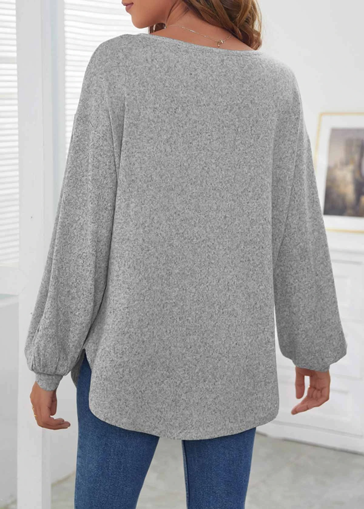 Decorative Button Long Sleeve Light Grey T Shirt 2 Decorative Button Long Sleeve Light Grey T Shirt - Image 2
