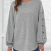Decorative Button Long Sleeve Light Grey T Shirt