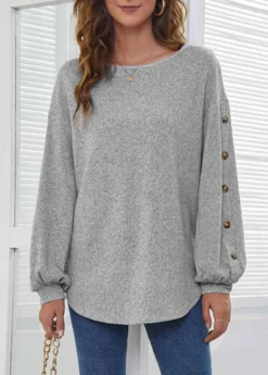 Decorative Button Long Sleeve Light Grey T Shirt