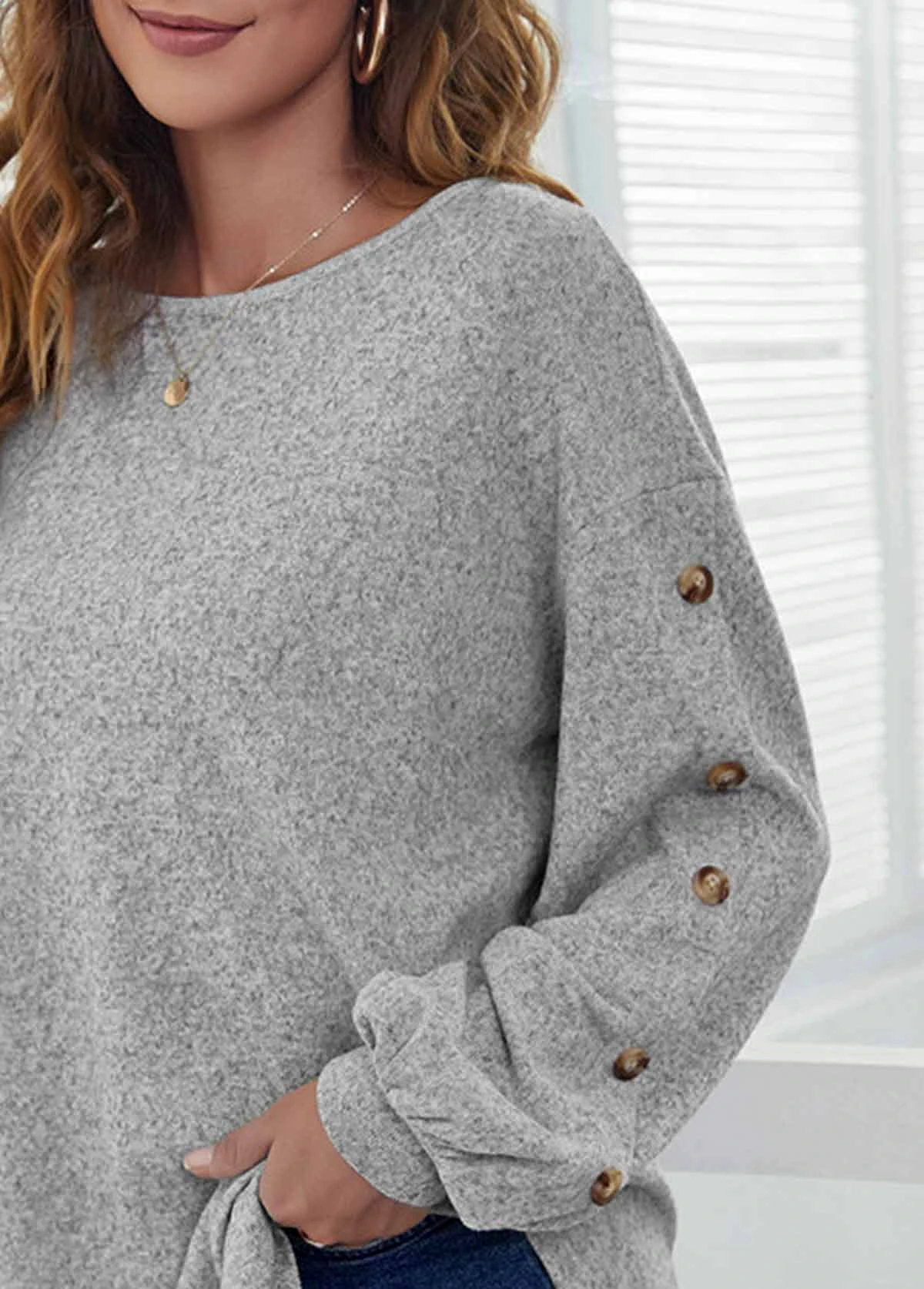 Decorative Button Long Sleeve Light Grey T Shirt 5 Decorative Button Long Sleeve Light Grey T Shirt - Image 5