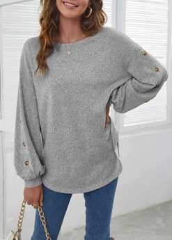 Decorative Button Long Sleeve Light Grey T Shirt 8 Decorative Button Long Sleeve Light Grey T Shirt -LICA Clothing Shop 290598 P 1636512614666