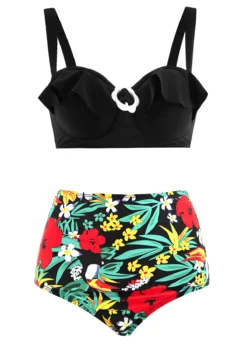 Floral Print High Waist Flounce Decorative Ring Bikini Set