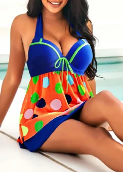 Rainbow Color Polka Dot Bowknot Halter Swimdress And Pantskirt -LICA Clothing Shop 291485 P 16427291700923