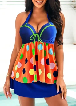 Rainbow Color Polka Dot Bowknot Halter Swimdress And Pantskirt -LICA Clothing Shop 291485 P 16427291700964