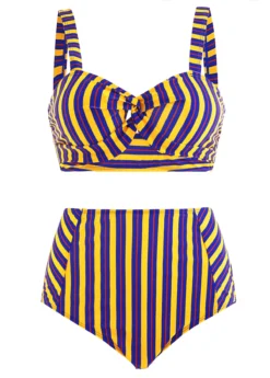Striped High Waist Cross Front Cutout Bikini Set