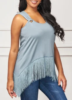 Tassel Dusty Blue Metal Ring Detail T Shirt