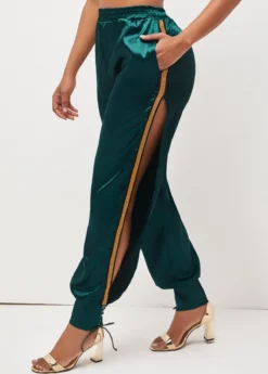 Dark Green Lace Up Side Slit Pants