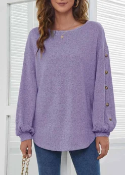 Decorative Button Long Sleeve Purple T Shirt