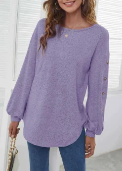 Decorative Button Long Sleeve Purple T Shirt -LICA Clothing Shop 292470 P 1637830803006