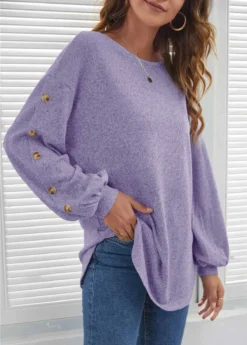 Decorative Button Long Sleeve Purple T Shirt -LICA Clothing Shop 292470 P 1637830803299