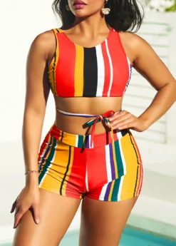 High Waisted Stripe Print Multi Color Bikini Set