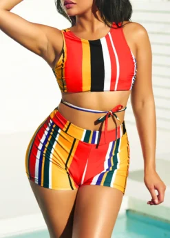 High Waisted Stripe Print Multi Color Bikini Set -LICA Clothing Shop 292625 P 16424101368402