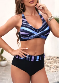 Stripe Print Black Criss Cross Back Bikini Set -LICA Clothing Shop 292977 P 16409241708183