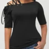 Black Skew Neck Lace Up T Shirt