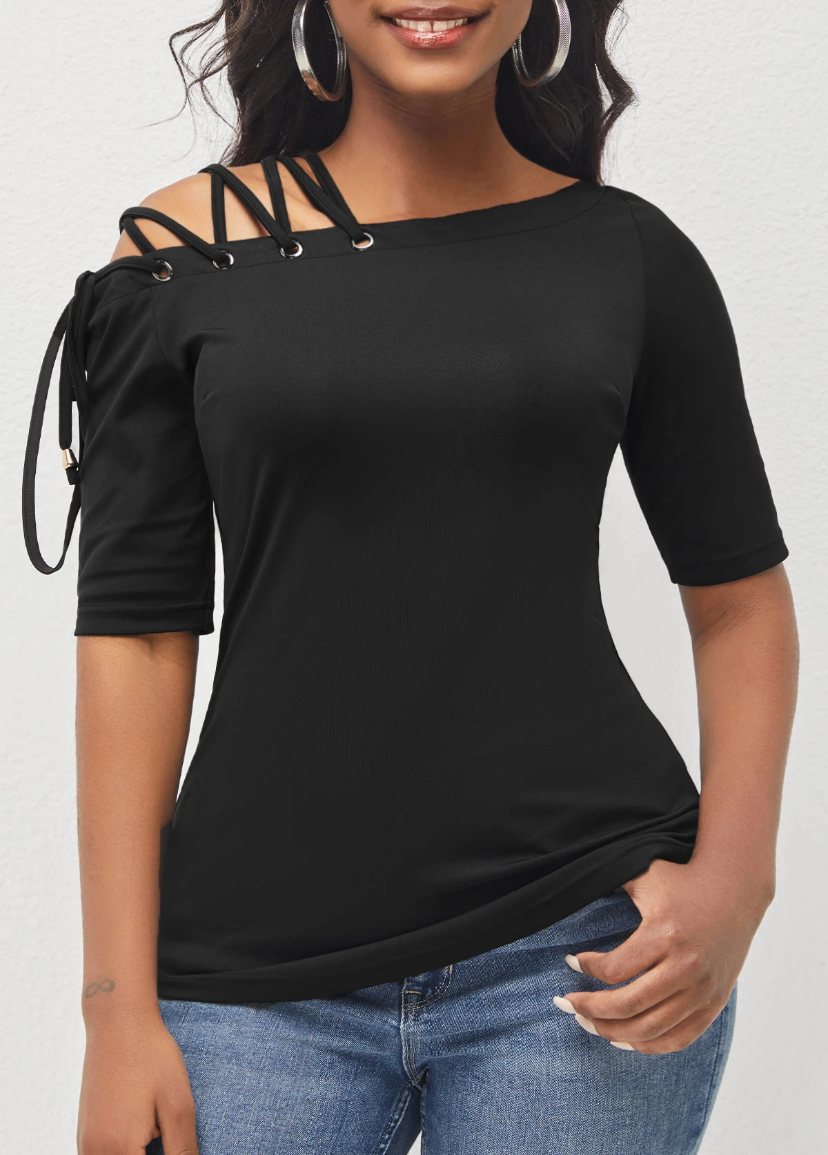 Black Skew Neck Lace Up T Shirt 1 Black Skew Neck Lace Up T Shirt