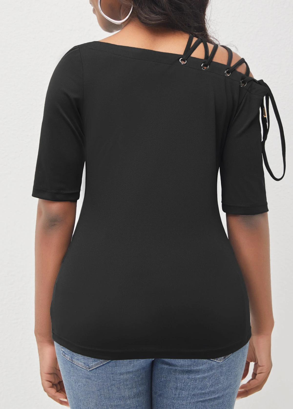 Black Skew Neck Lace Up T Shirt 2 Black Skew Neck Lace Up T Shirt - Image 2