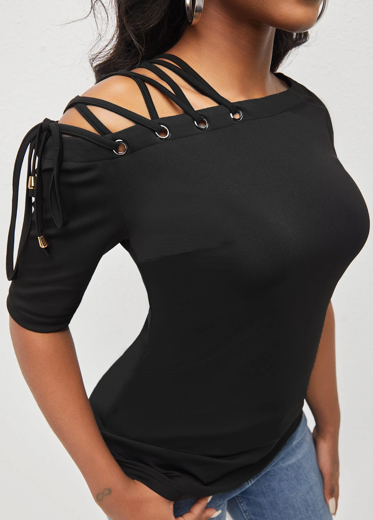 Black Skew Neck Lace Up T Shirt 4 Black Skew Neck Lace Up T Shirt - Image 4