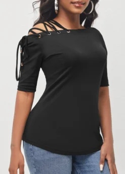 Black Skew Neck Lace Up T Shirt 6 Black Skew Neck Lace Up T Shirt -LICA Clothing Shop 293821 P 16462151317922