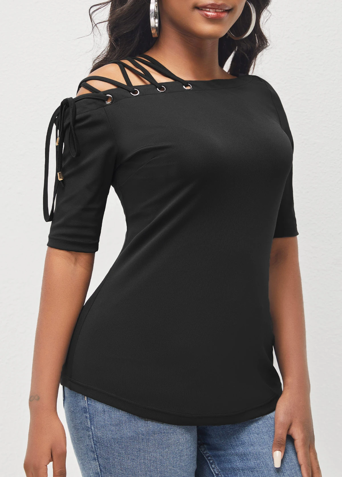 Black Skew Neck Lace Up T Shirt 3 Black Skew Neck Lace Up T Shirt - Image 3